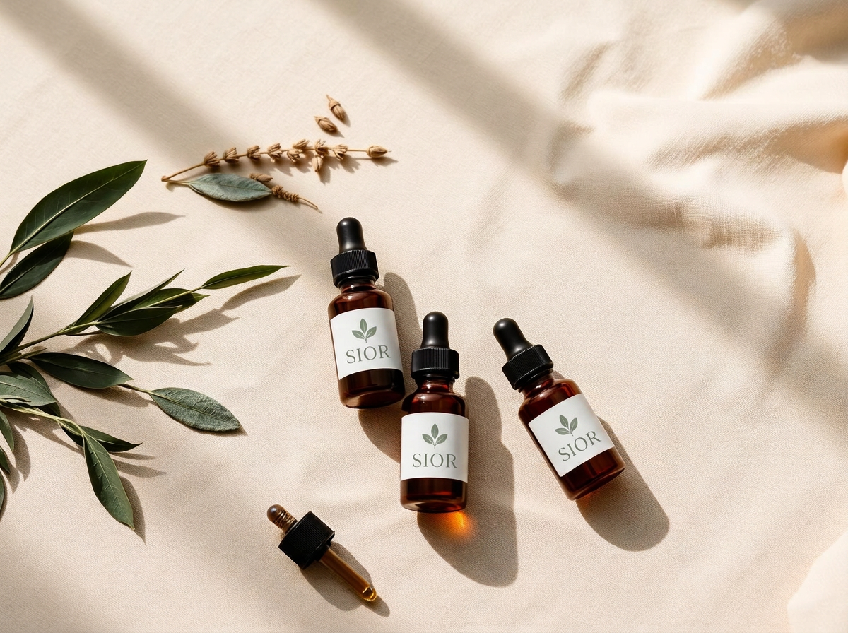 Amber tincture bottles on cream linen with sage and dried botanicals